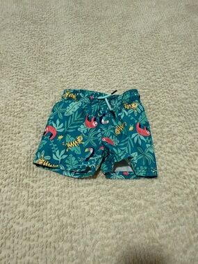 Kids Tropical Animal Swim Shorts - Teal with Pink & Yellow Accents